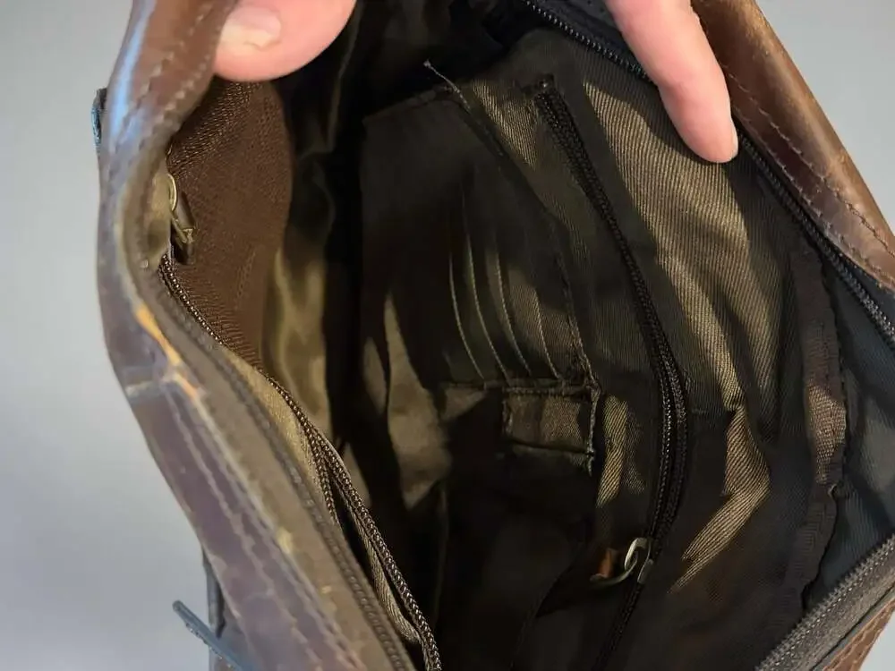 Mens Genuine Leather Multi-Zipper Pocket Crossbody Shoulder Bag